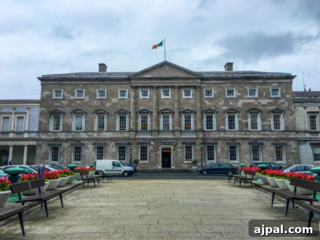 Dublin Awaits Top Reasons and Essential Experiences 13 The grand exterior of the Irish Parliament building, Leinster House, in Dublin, with its classical architecture.
