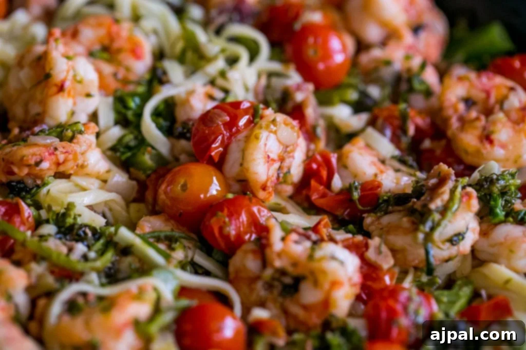 Close-up of Tuscan Shrimp Linguine with shrimp, pasta, tomatoes, and broccolini.