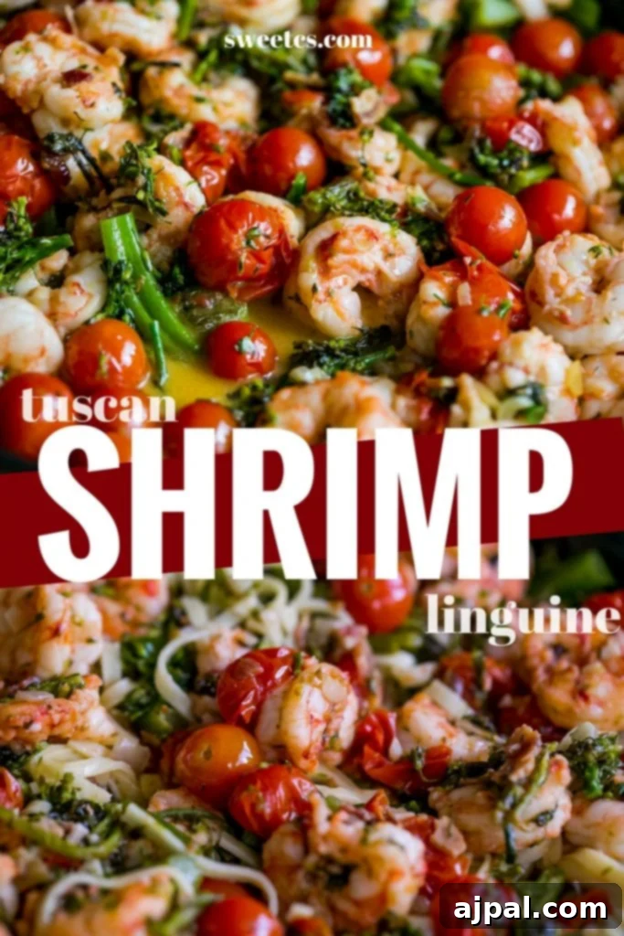 A close-up of the finished Tuscan Shrimp Linguine dish, showcasing its creamy sauce and fresh ingredients.