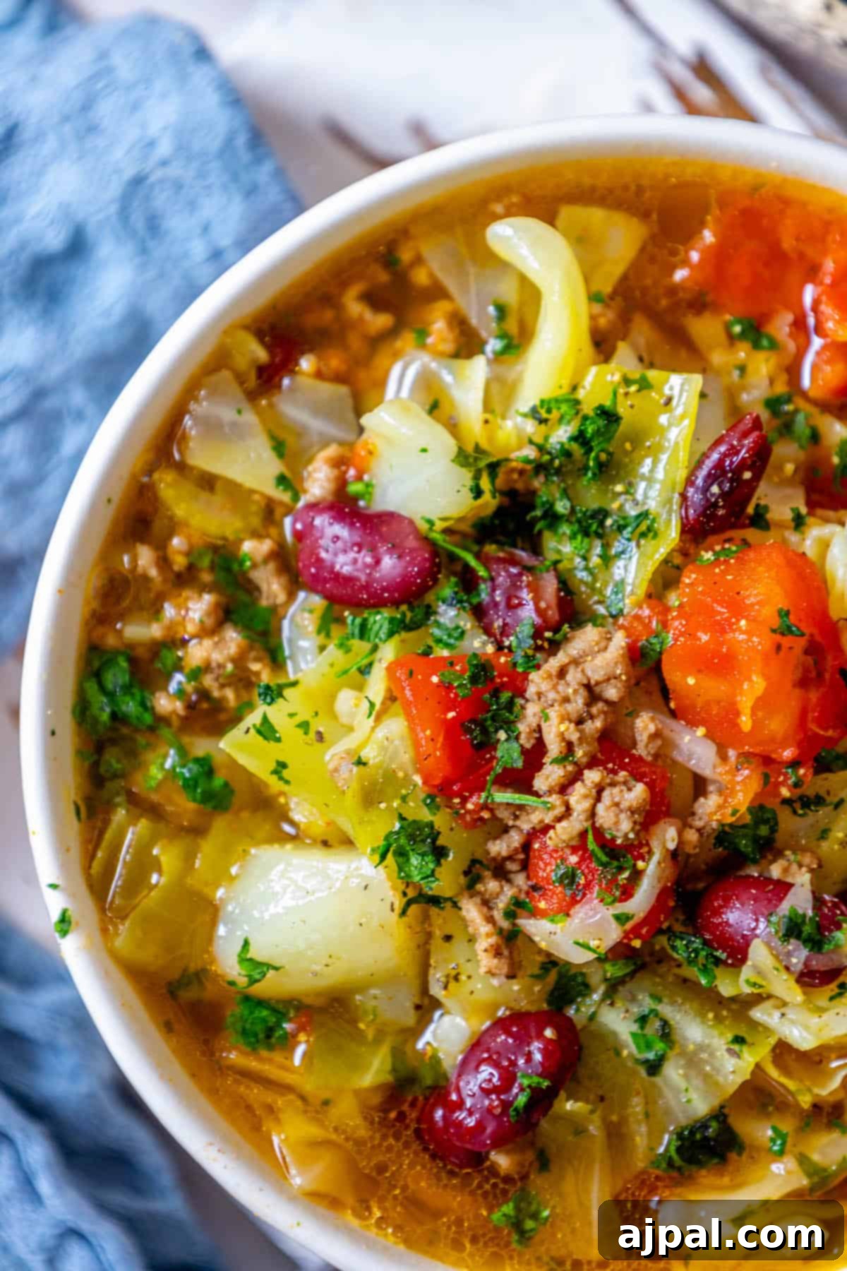 A bowl of rich, red cabbage soup with tender vegetables and meat, ready to provide warmth and comfort.