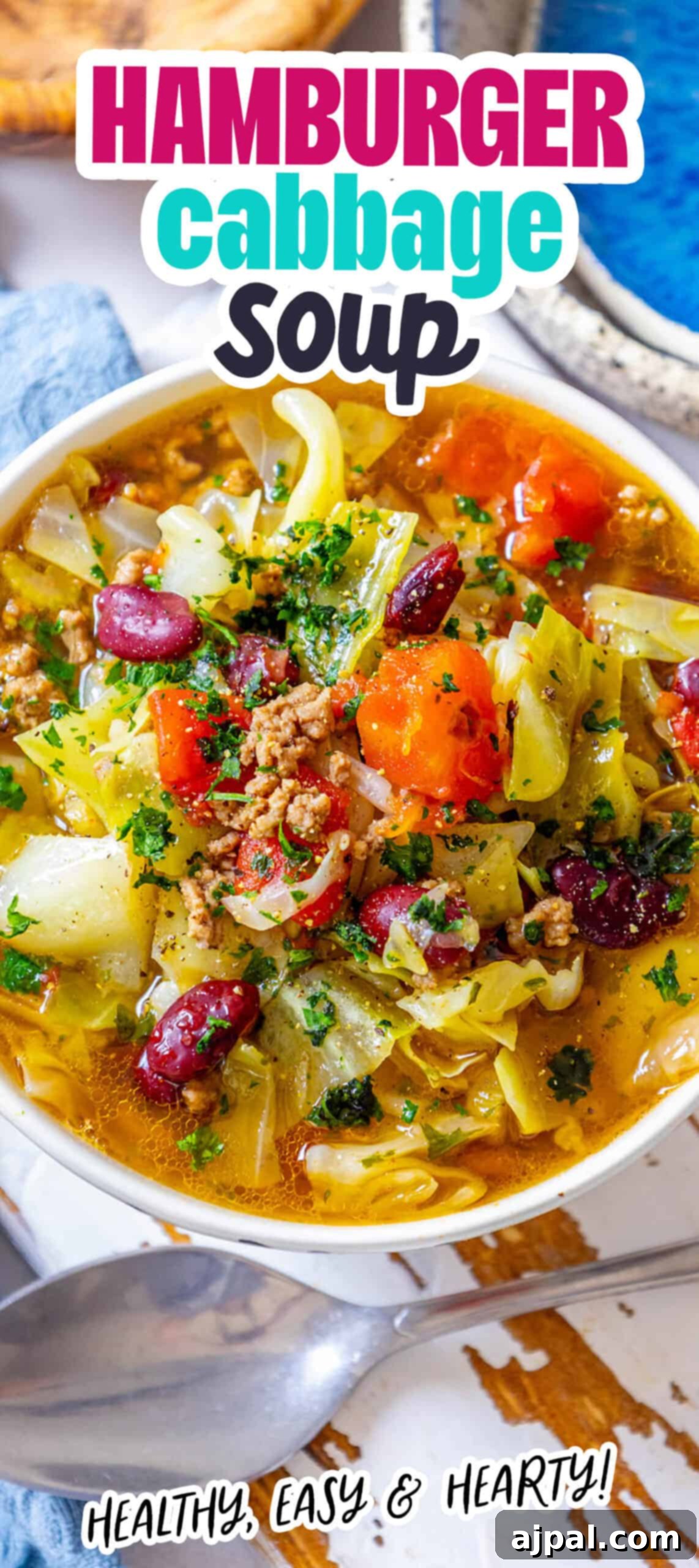 A beautifully presented bowl of One Pot Hamburger Cabbage Soup, garnished and ready to be served.