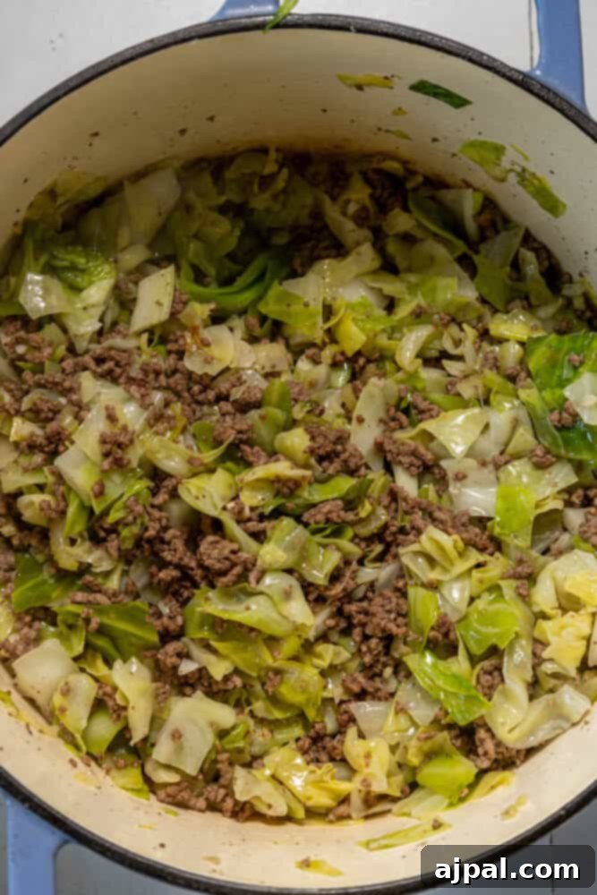 One Pot Hamburger Cabbage Soup simmering in a pot, rich with vegetables and meat.