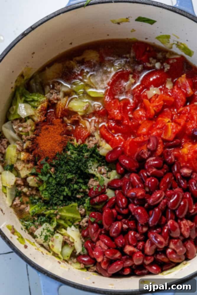 A vibrant one-pot cabbage soup, featuring beans and tomatoes, simmering to perfection.