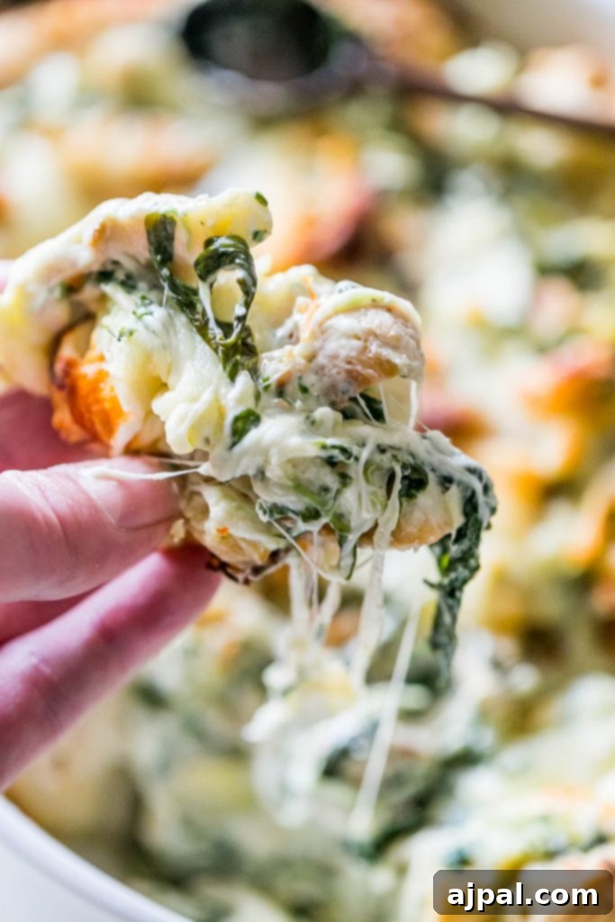 A picture of cheesy chicken, spinach, and artichoke bread dip, with a hand dipping into it with a piece of bread.
