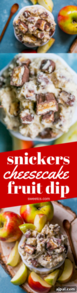 A beautifully arranged Snickers fruit dip in a bowl with various dippers, ready for serving.