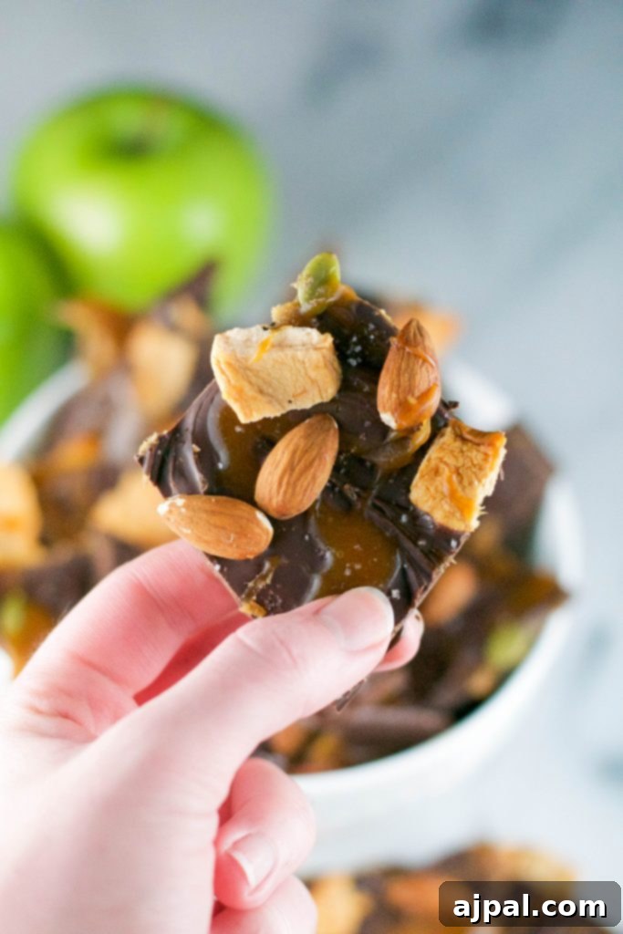 Decadent Caramel Apple Chocolate Bark 5 Pieces of caramel apple chocolate bark with nuts and caramel drizzle on a sheet pan, ready to serve.