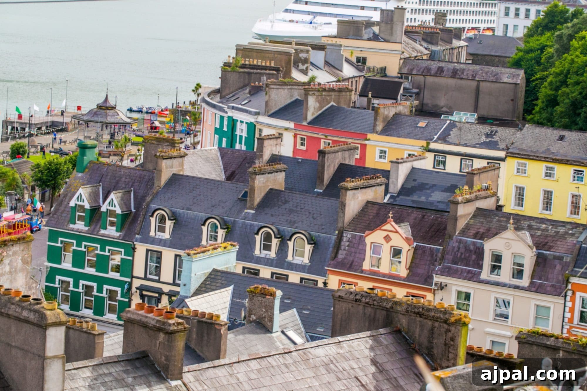 Cobh Ireland Historic Port 2 Panoramic view of Cobh's colorful houses cascading down to the harbor