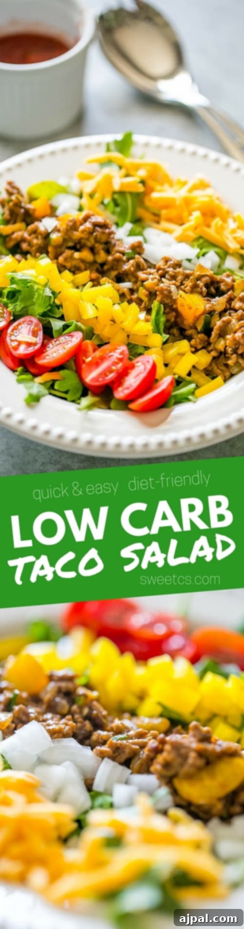 A low carb taco salad with all components neatly arranged on a plate: seasoned ground beef, fresh lettuce, diced bell peppers and onions, cherry tomatoes, and shredded cheese.