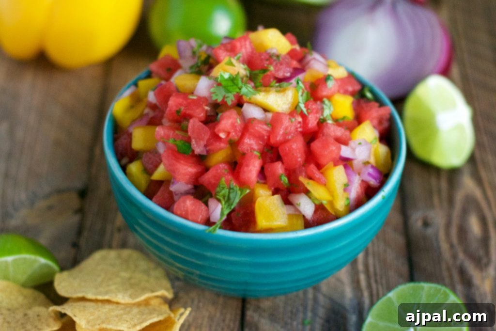 Refreshing Watermelon Salsa 3 A closer view of the refreshing watermelon salsa in a blue bowl.