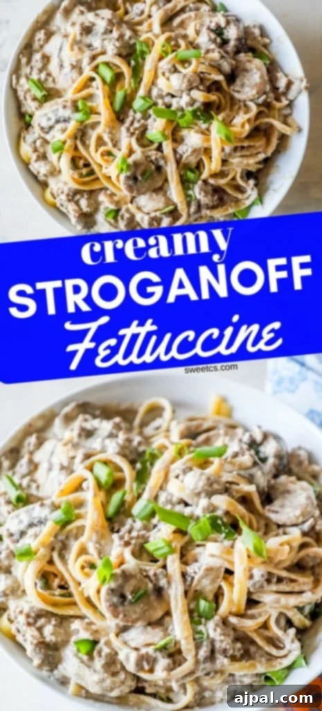 Noodles with creamy stroganoff with mushrooms and chives on top sitting on a white plate