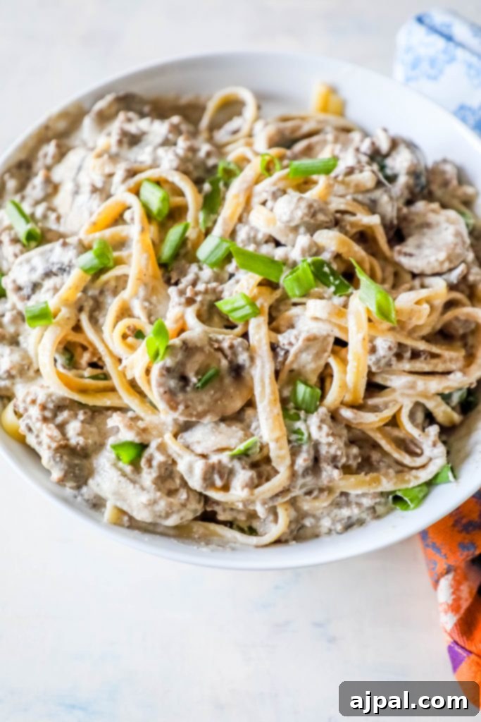Noodles with creamy stroganoff with mushrooms and chives on top sitting on a white plate