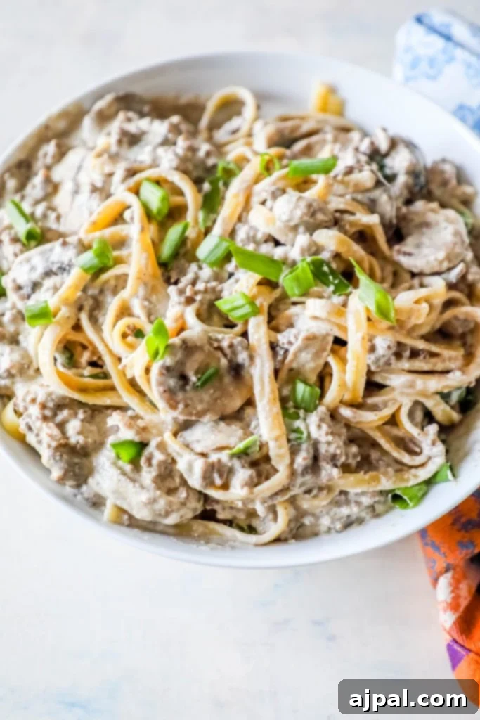 Noodles with creamy stroganoff with mushrooms and chives on top sitting on a white plate