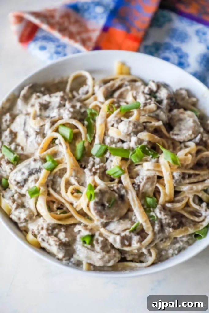 Noodles with creamy stroganoff with mushrooms and chives on top sitting on a white plate