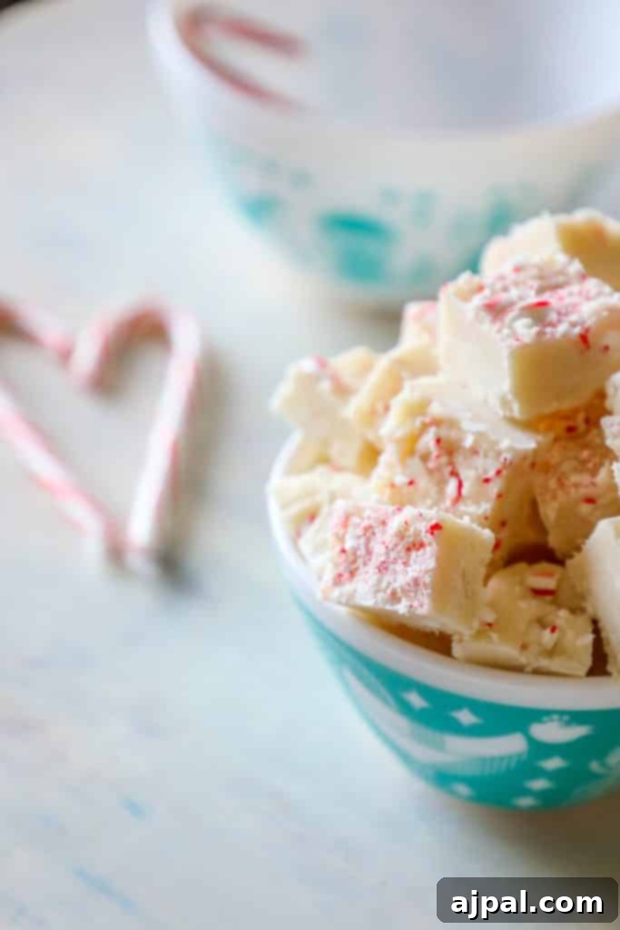 A charming bowl of candy cane cake batter microwave fudge, ready to be enjoyed as a festive holiday dessert.