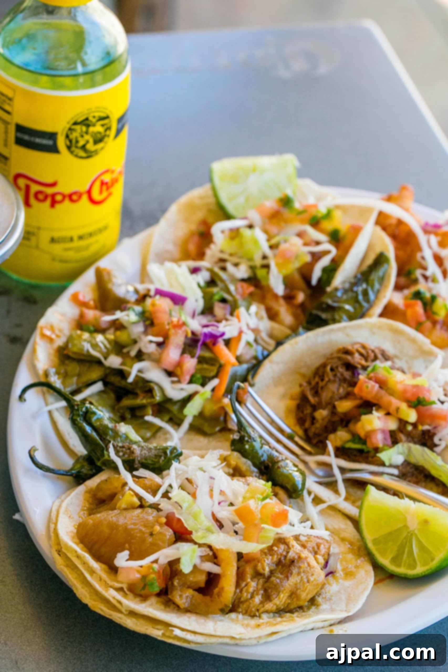 tacos with peppers, pulled pork, and salsa