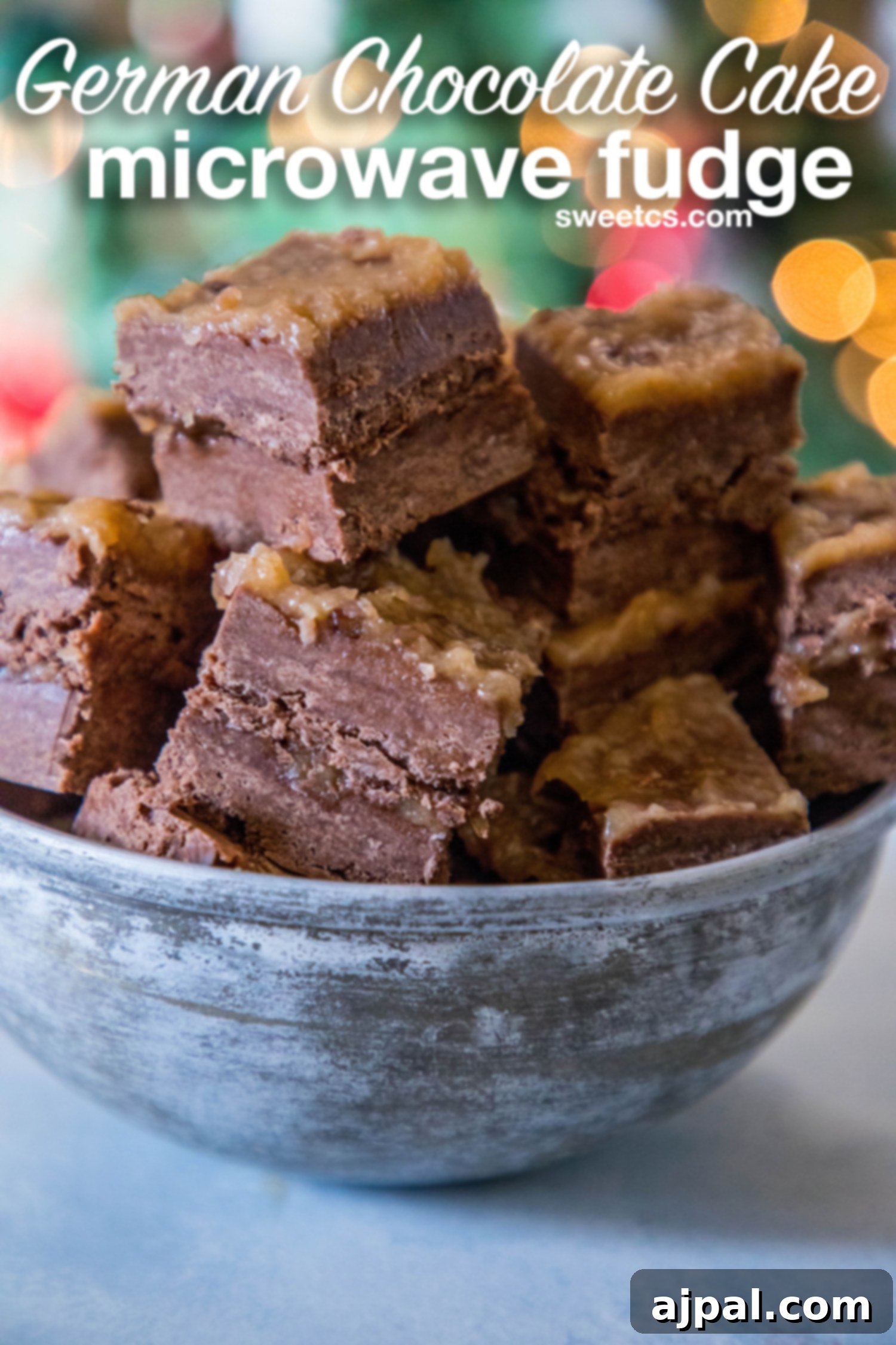 Rich chocolate fudge topped generously with a sweet coconut and pecan spread, reminiscent of a decadent German Chocolate Cake slice.
