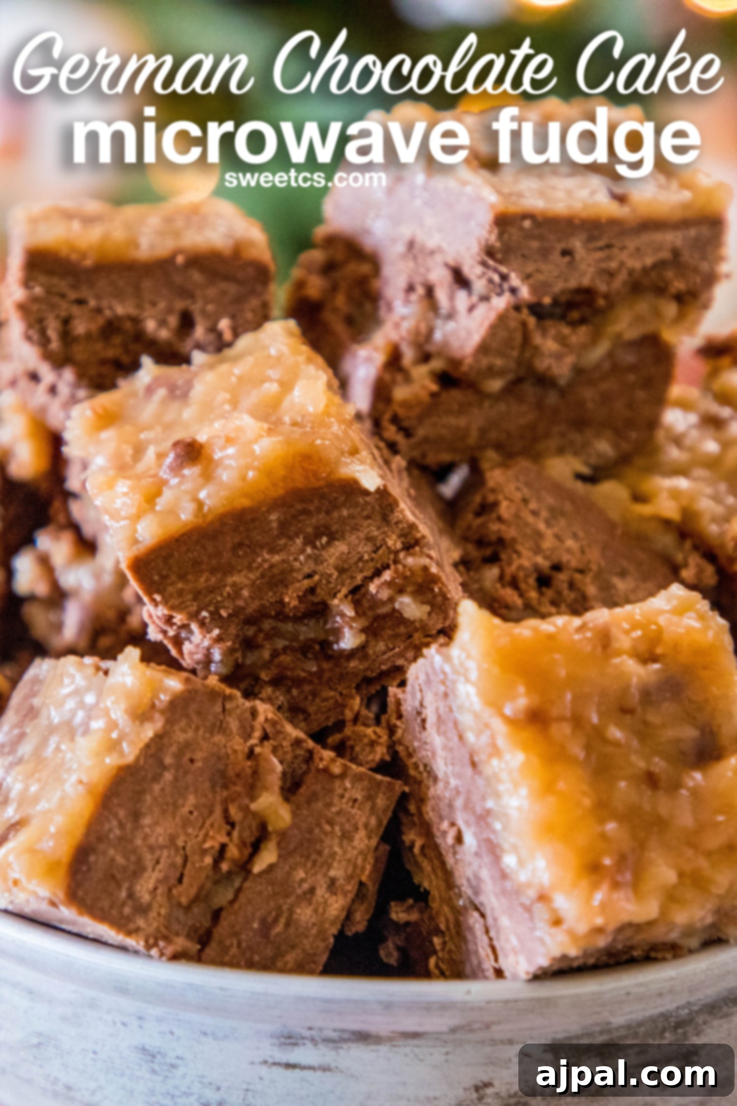 A close-up view of beautifully cut squares of German Chocolate Cake Batter Fudge, showcasing the rich texture and delicious layers.