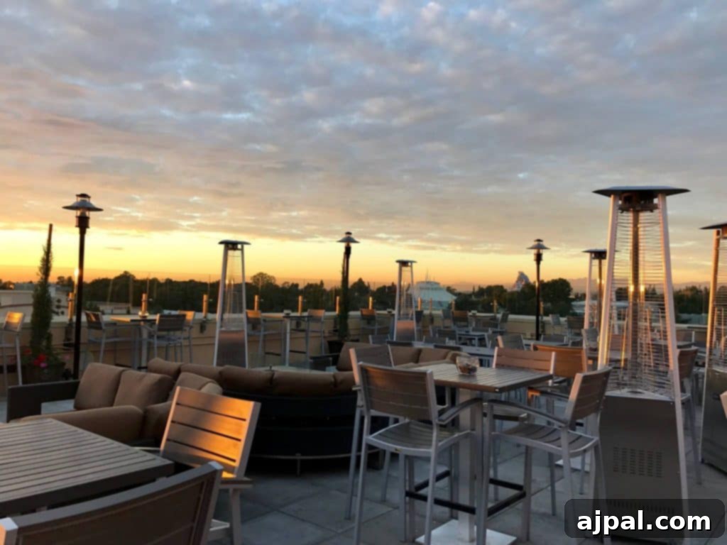 Rooftop patio overlooking Disneyland for a girlfriends' getaway