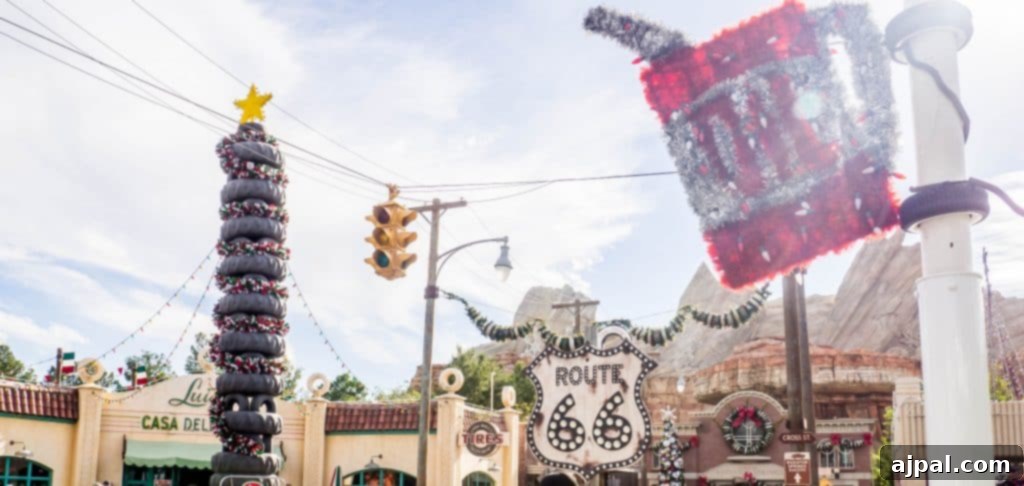 Cars Land at Christmas with festive auto-themed decor