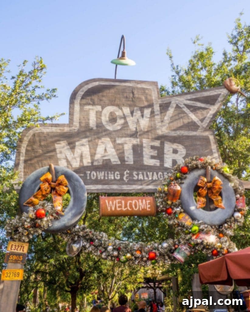 Mater dressed in Christmas attire at Disney California Adventure