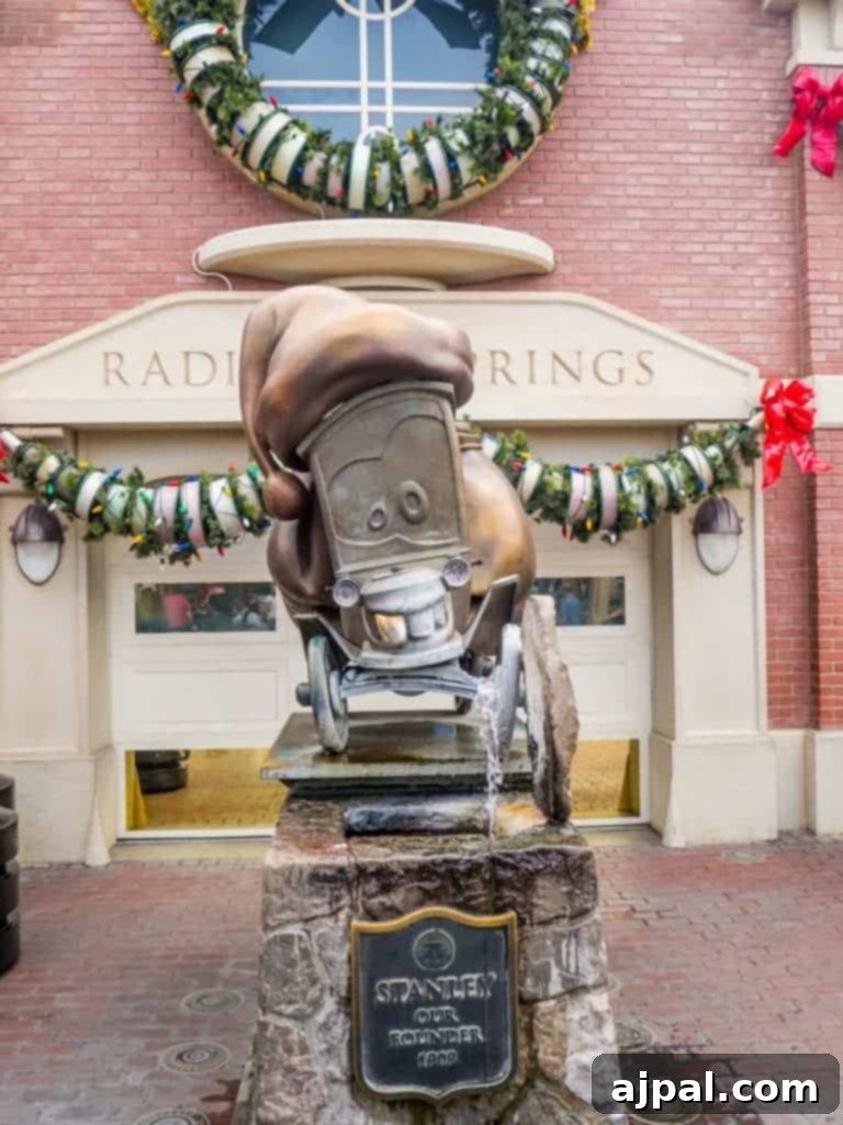 Festive statue with a Christmas wreath in Disney California Adventure