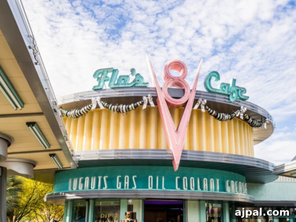 Flint's Cafe sign with festive accents in Disney California Adventure