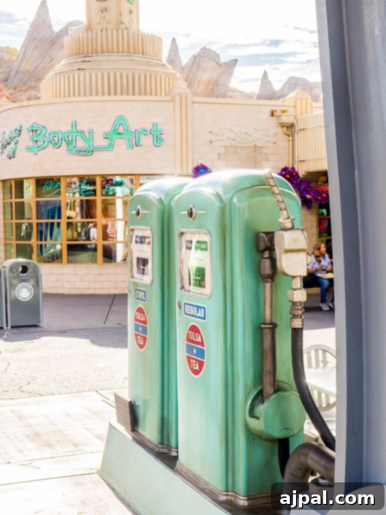 Festive gas pumps in Cars Land, Disney California Adventure