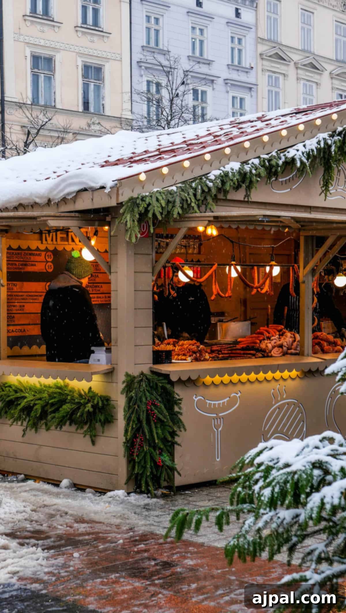 A tan building with snow on it, reminiscent of a country style village in Poland.
