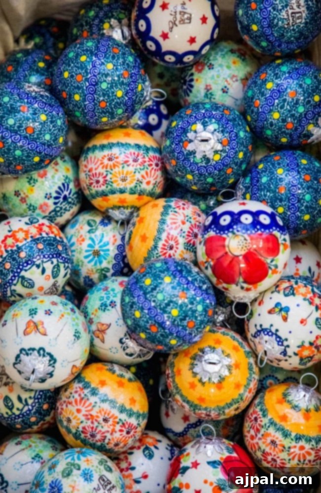 Colorful ceramic ornaments at Krakow Christmas Market.