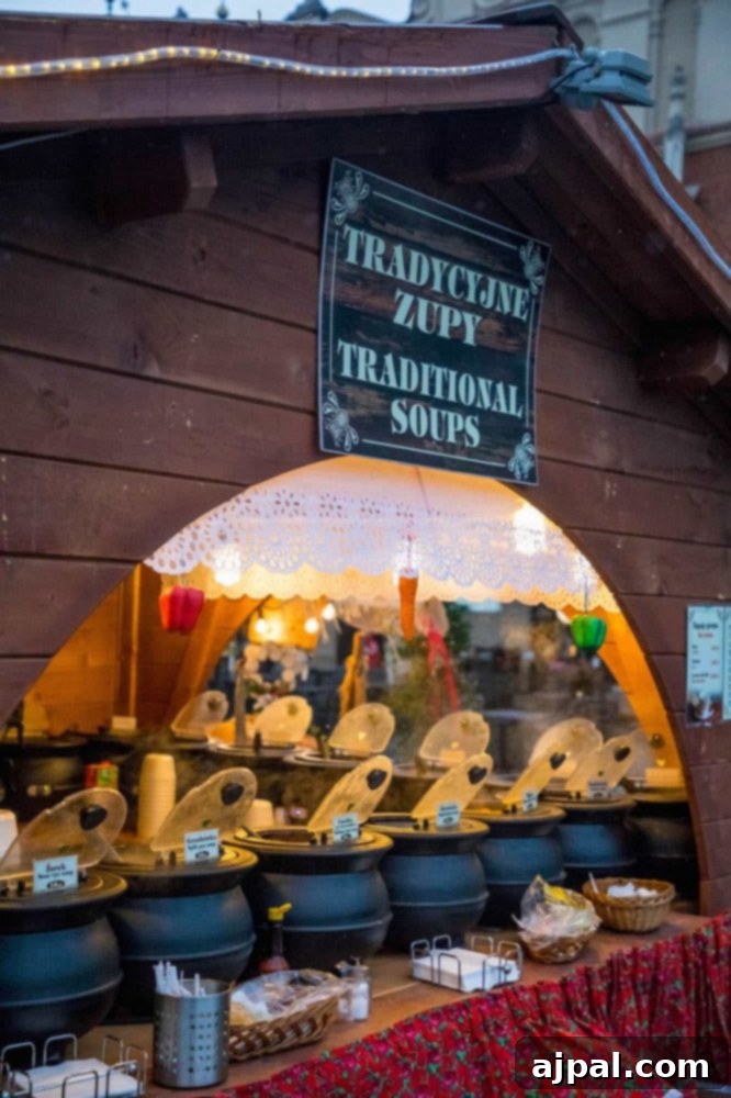 A Krakow food stand showcasing pots of food at the Christmas Market.