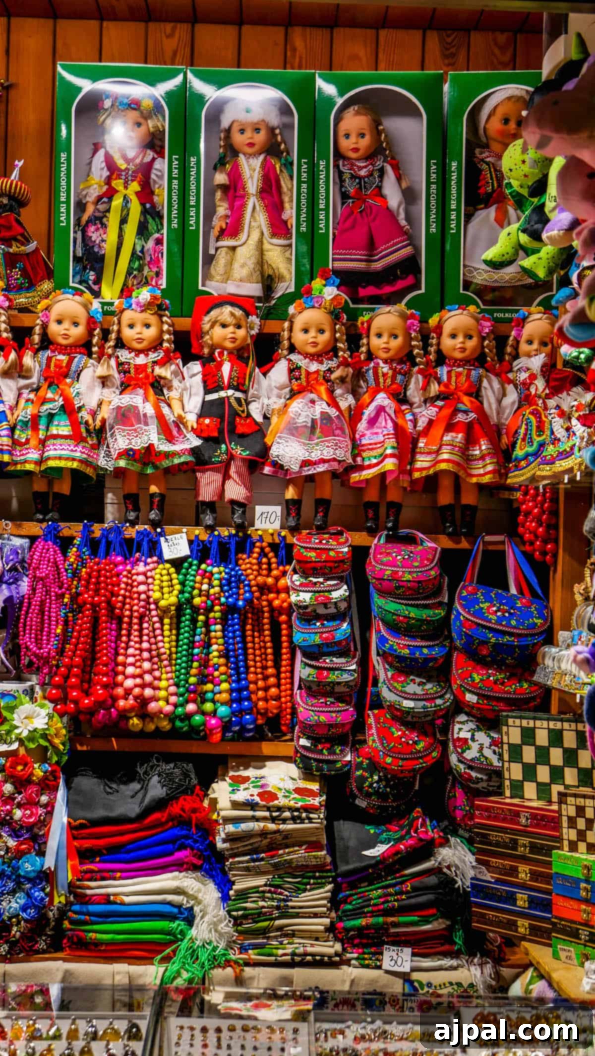 A display of dolls in traditional attire, colorful beaded necklaces, patterned bags, and assorted souvenirs reminiscent of the Krakow Christmas Market adorn the shelves.