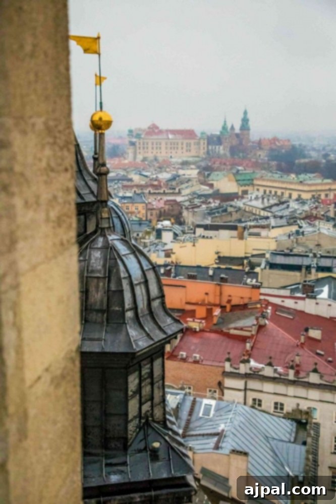 A scenic view of Krakow, Poland from the top of Saint Mary's Basilica.