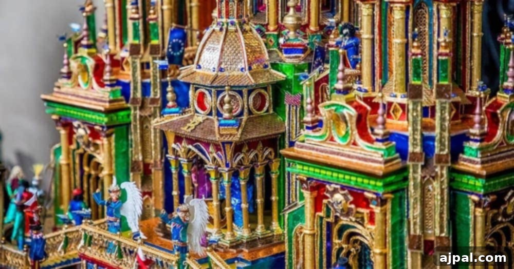 An ornately decorated model of a church entered in the Krakow Nativity Competition.