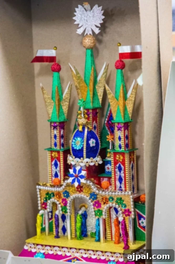 Traditional Krakow cribs on sale at a Christmas market stall, showcasing folk art.