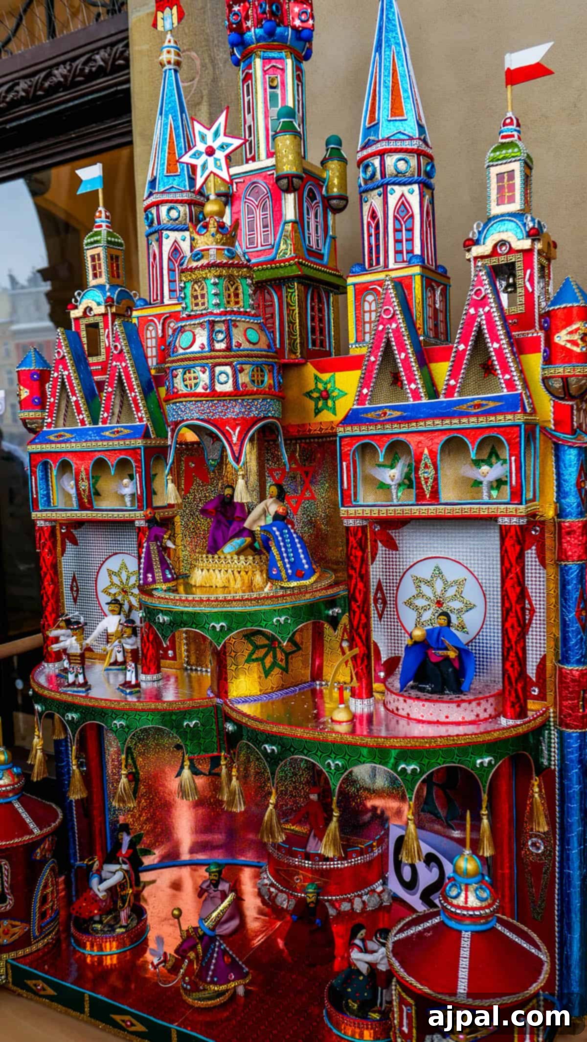 This colorful, intricate castle model evokes the spirit of the Krakow Nativity Competition with its multiple towers, domes, and figurines in vibrant reds, blues, and greens.
