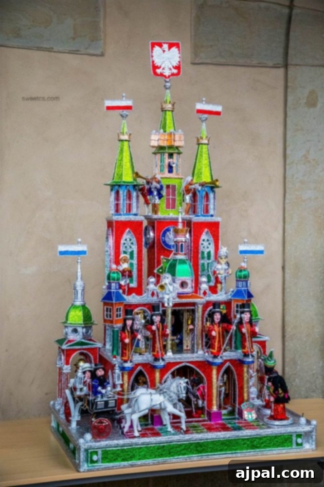 A castle model showcased at the Krakow Nativity Competition, featuring ornate details and vibrant colors.