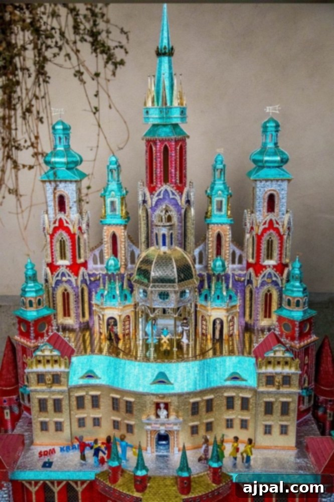 A castle made of Legos displayed at the Krakow Nativity Competition, demonstrating creative freedom in design.