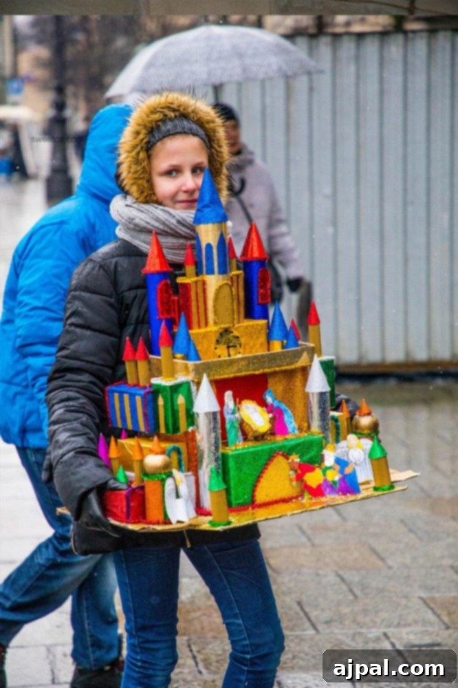 A girl showcasing a wooden castle at the Krakow Nativity Competition on a rainy day.