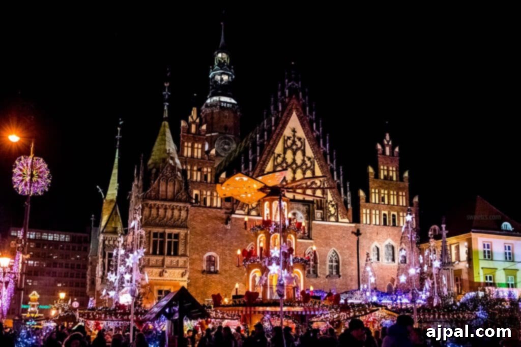 The Wroclaw Christmas Market illuminated at dusk, showcasing the festive atmosphere in Poland's largest Christmas market.