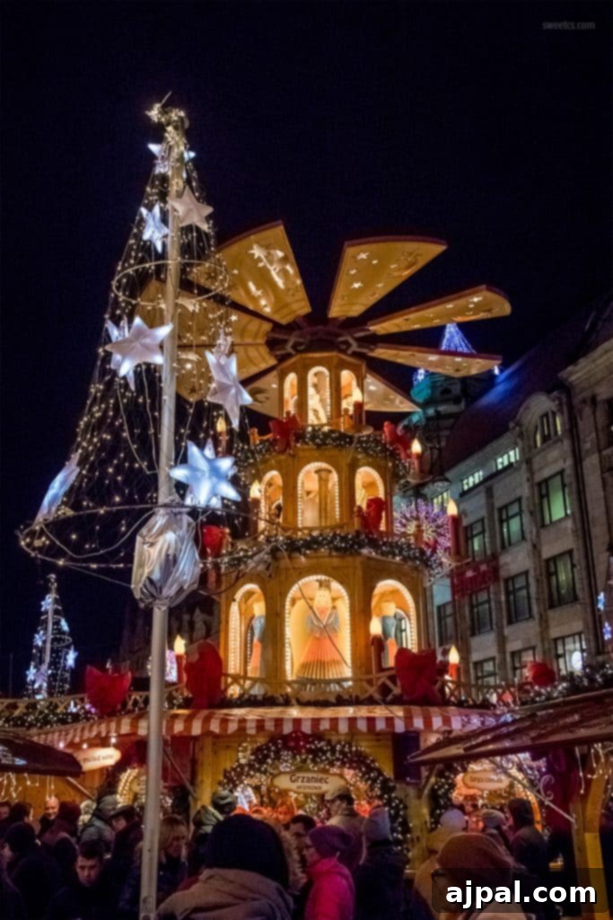 A vibrant and bustling Christmas Market scene in Wroclaw, Poland, with historic buildings adorned with festive decorations.