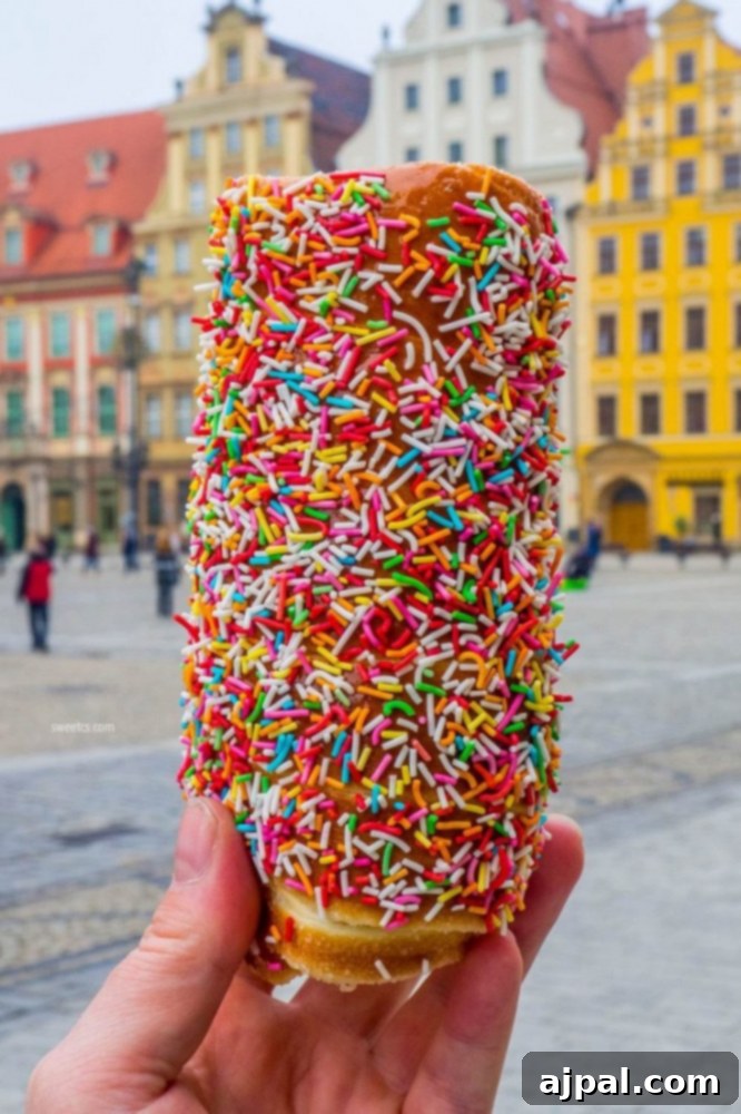 A person enjoying a festive chimney cake, a popular sweet treat at the Wroclaw Christmas Market.
