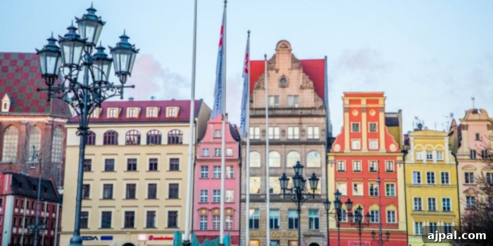 A vibrant aerial view of Wroclaw's Old Town, showcasing its colorful buildings and the festive decorations during the Christmas season.