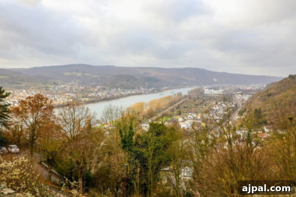 Marksburg Castle: Germany's Best-Preserved Medieval Gem 3 Stunning aerial view from Marksburg Castle, showcasing the expansive Rhine River winding through the picturesque German landscape.