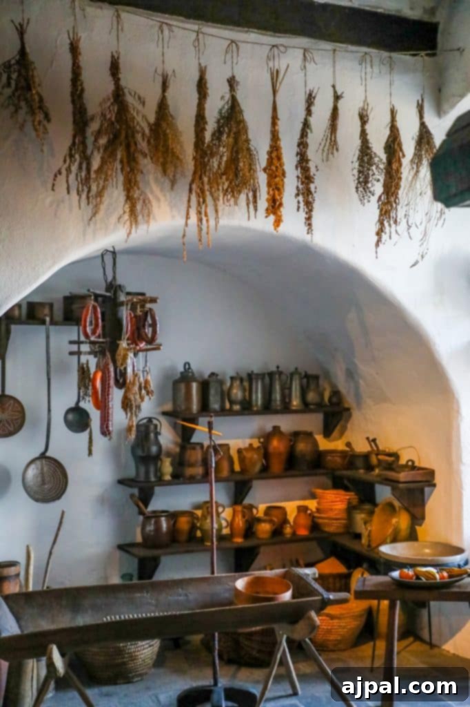 Marksburg Castle: Germany's Best-Preserved Medieval Gem 7 A historic kitchen scene at Marksburg Castle, featuring numerous pots and cooking utensils suspended from the ceiling, evoking medieval culinary practices.