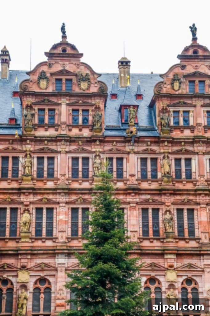 Heidelberg: Germany's Grand Ruined Palace 2 An ornate Heidelberg Castle building with a tree in front of it, possibly at Christmas.