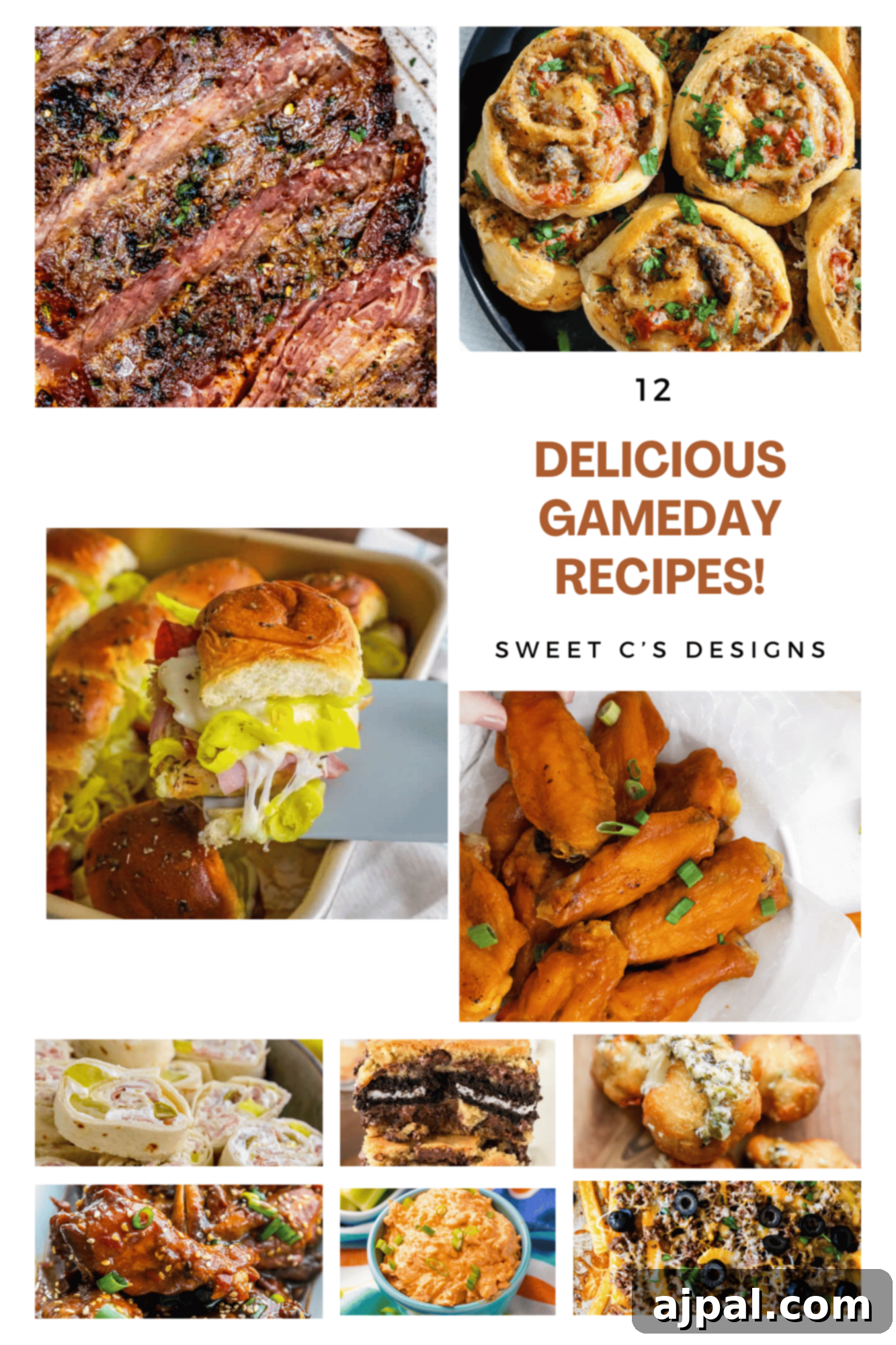Game Day Feast: 12 Must-Try Dishes 2 A vibrant collage of 12 delicious game day foods including various chicken wings, dips, sliders, and desserts, perfect for a football party.