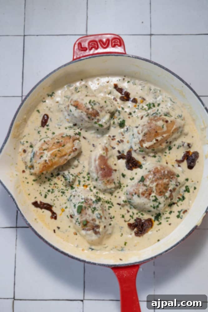 Decadent Creamy Tuscan Chicken Alfredo 8 Creamy alfredo chicken on a tiled floor.