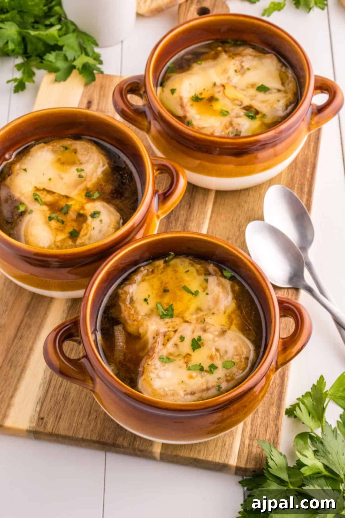 The Best French Onion Soup Recipe - Three bowls of easy french onion soup on a wooden cutting board.