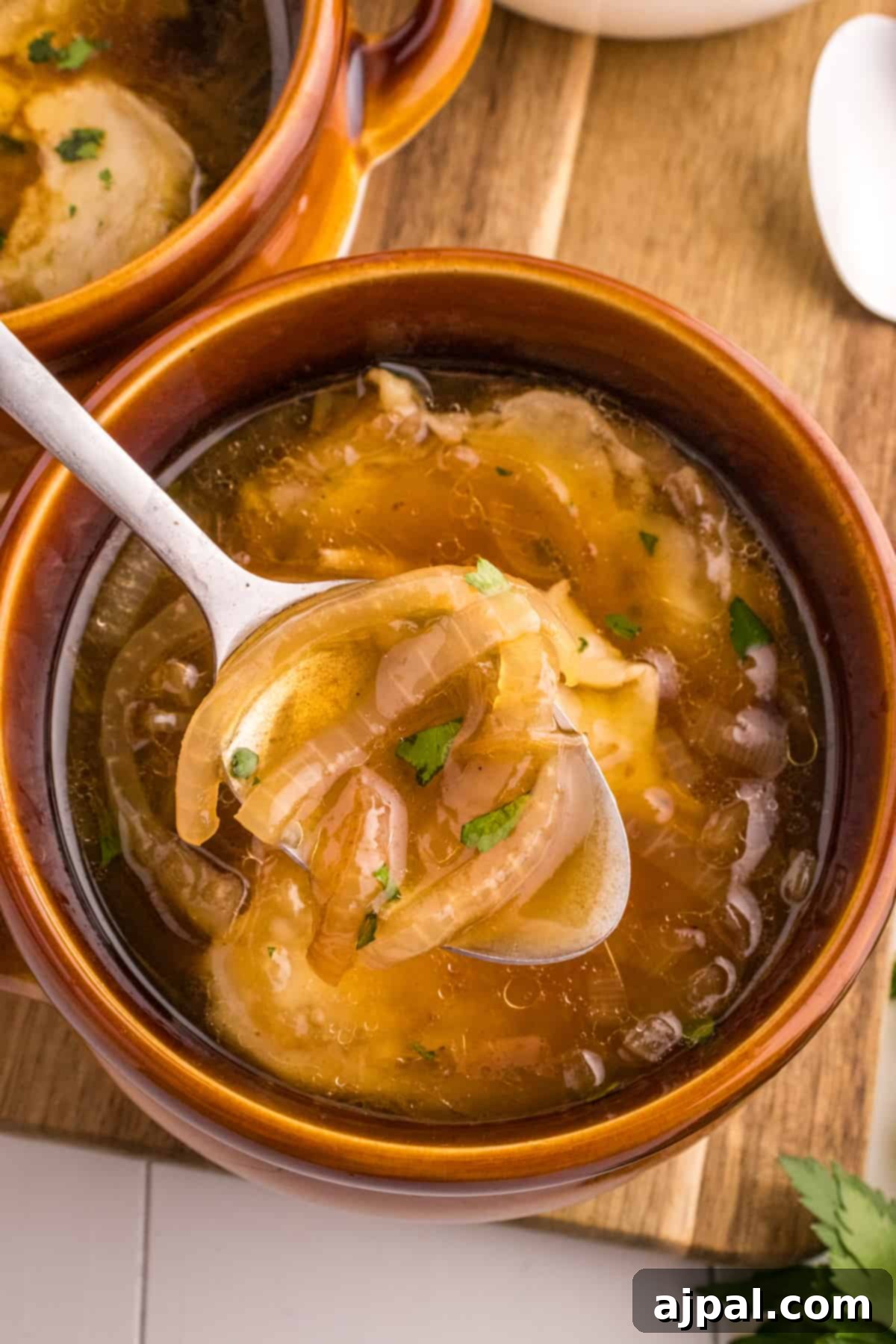 A close-up of a delightful bowl of French Onion Soup, showcasing its rich broth, tender onions, and a sprinkle of fresh parsley on top.