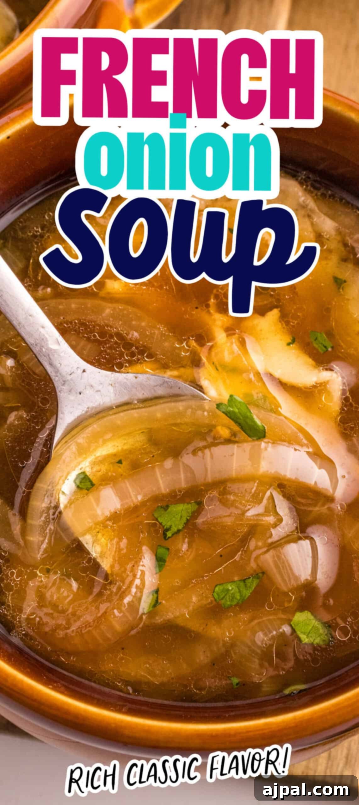 A large, rustic bowl of homemade French Onion Soup, showcasing its rich, deep color and inviting texture.